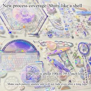 TEMU 1개 한정판 홀로그래픽 EDM 행성 PET 장식 테이프, 7cm x 100cm, 저널, 플래너 및 스크랩북용 자체 접착 반짝이는 스티커 롤, 불규칙한 모양, 일회용, 플라스틱/유리/금속 표면 호환, 영어 텍스트, 레이저 컷 효과가 있는 미래 우주 및 기술 디자인