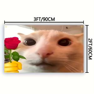 TEMU 2x3ft / 3x5ft 사랑스러운 흰 고양이 & 빨간 장미 폴리에스터 배너 - 실내 공간, 집, 기숙사, 침실, 거실을 위한 재미있는 동물 장식, 실내 장식 | 기발한 테마 | 내구성 있는 원단