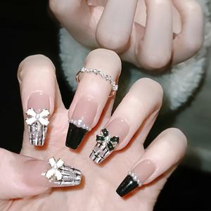 TEMU 24개의 긴 발레 슈즈 세트, 핑크 베이스, 실버 지옴트리 스트립, 보우, 진주 패치, 블랙 핑거팁, 진주 패치, 거울 표면, 여성 파티 및 데이트에 적합, 맞춰지고 재사용 가능, 러빙 스트립 및 젤리 접착제 포함