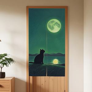 TEMU 2D 문 커튼, 고양이와 달 밤하늘 디자인의 일본 스타일 검은 고양이 문 커튼 1개 - 31.5x59인치, 인공 리넨, 손세탁 전용, 홈 데코, 주방 또는 방 분할용으로 완벽함, 고양이 장식