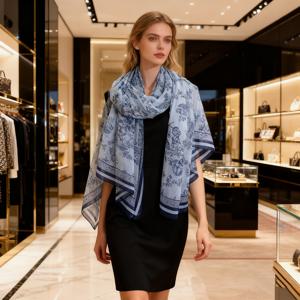 TEMU 여성용 우아한 블루 플로랄 프린트 스카프 - 봄 여름용 가벼운 통기성 롱 숄, 캐주얼 & 포멀룩에 어울리는 다재다능한 패션 액세서리, 경량 럭셔리 장식 스카프, 세련된 디자인, 쉬운 관리 원단, 여성스러운 스타일, 섬세한 질감, 멋진 랩, 여름 의상