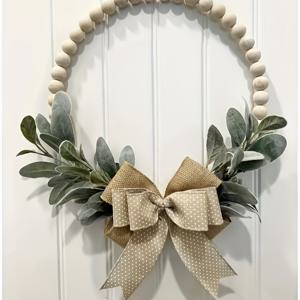 TEMU 인공 유칼립투스 잎과 도트 무늬 리본이 있는 러스틱 팜하우스 우드 비즈 가랜드 - 계절별 홈 문 장식, 클래식 스타일, 전원 필요 없음, 러스틱 팜하우스 데코