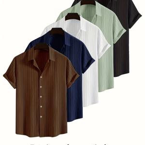 TEMU 남성용 캐주얼 솔리드 컬러 반팔 라펠 버튼업 셔츠 5pcs - 통기성 폴리에스터, 비즈니스, 웨딩, 정장 이벤트에 적합한 클래식 디자인, 사무실 의류,웨딩 의상,시대를 초월한 디자인,쉬운 관리 원단,다용도 탑,결혼식 참석자들,전문 남성용