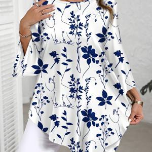 TEMU 플러스 사이즈 여성용 캐주얼 우아한 플로랄 프린트 라운드 넥 블라우스 - 네이비 블루 & 화이트 여름 탑, 세탁기 사용 가능 비침 방지 원단, 편안한 일상복, 캐주얼 의상에 적합한 릴랙스 핏 | 비투명 소재의 플로럴 프린트 블라우스