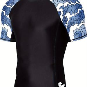 TEMU 남성용 고탄성 나일론 및 스판덱스 스포츠 짧은 소매 수영 셔츠 - 빠른 건조, 습기 흡수, 빠른 건조 수영복, 웨이브 디자인으로 서핑, 스노클링 및 수영 스포츠, 서핑 장비, 스노클링 의류, 스포티 디자인, 빠른 건조 소재|기능성반팔