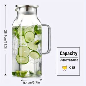 TEMU 1pc 2000ml/68oz 사각 유리 물 냄비, 뚜껑과 뚜껑, 손잡이가 있는, 뜨거운 음료와 차가운 음료에 적합, 얼음 커피, 주스, 우유, 음료용 보로실리케이트 유리 병, 봄과 여름 야외 모임용 대형 물 냄비