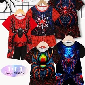TEMU 랜덤 발행 3세트, 총 6개입, 3D 거미 프린트 패턴, 소년용 반팔 슈트. 손으로 자른 디자인, 아이들을 위한 휴일 선물로 적합, 야외 활동에 완벽