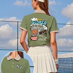 TEMU 여성용 윈닝 MVPPrint 여름 폴로 셔츠 - 부드럽고 통기성이 뛰어나며 기하학적 디자인, 반팔, 반플랙 체스트 디테일이 있는 골프 또는 캐주얼 착용용, 골프 셔츠