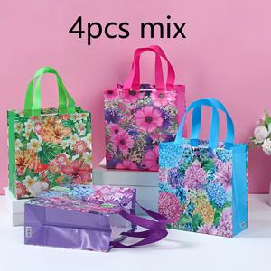 TEMU 4개 플로럴 토트백 (플로럴 프린트) - 파스텔 핑크, 그린, 옐로우, 오렌지, 레드, 퍼플, 브라운, 네이비, 티얼, 골든 - 생일, 결혼식, 베이비 샤워, 일상 사용을 위한 튼튼한 손잡이 - 여성, 파티를 위한 우아한 플로럴 선물 가방