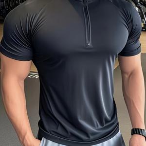 TEMU 남성용 슬림핏 하프 지퍼 스탠드 칼라 티셔츠 - 운동용 지퍼 캐주얼 셔츠, 체육관 및 캐주얼 복장용 통기성 반팔, 솔리드 블랙/화이트/다크 그레이 - 컨투어링 핏 (쉬운 관리)