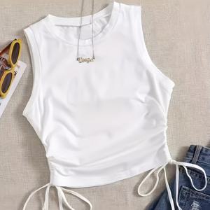 TEMU 여성용 섹시한 드로스트링 디테일이 있는 오프숄더 크롭 탑 - 단색 녹색, 슬리브리스, 폴리에스터, 여름 캐주얼 웨어, 스타일리시한 의상, 여름 패션 | 섹시한 크롭 탑 | 텍스처