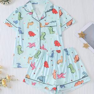 TEMU 연두색 베이스 귀여운 공룡 가족 프린트 여성용 파자마 세트 2개, 칼라 버튼 소프트 탑과 루즈한 신축성 반바지, 아름다운 패션 데일리웨어, 축제 슬립웨어 파티 의상, 캐주얼 야외 홈 컴포트 나이트가운 및 라운지웨어