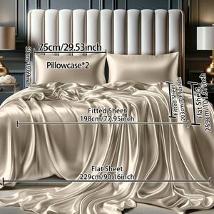 TEMU 4피스 럭셔리 새틴 매트리스 시트 세트 (1매트리스 시트 + 1플랫 시트 + 2베개커버, 베개솜 미포함) 부드럽고 실키한 감촉, 딥 포켓 디자인, 사계절 내내 편안함, 가정, 침실, 호텔, 기숙사에 적합, 침실 필수품,기숙사 용품,스타일리시 시트,우아한 침구,고품질 시트,새틴 원단,베개 커버 세트,완전한 침구 세트,접객 산업,홈 데코레이터
