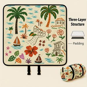 TEMU 초대형 78x78인치 접이식 피크닉 매트 (휴대용 스트랩 포함) | 부드러운 패딩 레이어 디자인, 플로럴 및 과일 프린트, 내구성 좋은 폴리에스터, 해변, 공원, 캠핑, 여행에 적합 - 손세탁만 가능, 엠보싱 PU 코팅 옥스포드 천.|캠핑매트