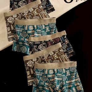 TEMU 6개입 남성용 드로즈 - 높은 탄성, 생생한 에스닉 프린트, 레트로 디자인, 캐주얼 복장 및 휴가에 적합한 편안한 착용감, 다양한 색상, 드로즈 팬티, 휴가용 속옷, 스타일리시한 속옷, 높은 탄성 원단