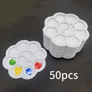 TEMU 50개 미니 꽃 모양 플라스틱 페인트 팔레트 - 내구성 있고 쉽게 청소할 수 있는 아크릴 및 수채화 페인트용 아트 트레이, 예술가에게 이상적, 페인트 혼합 및 정리용 컬러풀한 구획, 페인트 팔레트