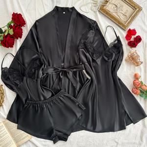 TEMU 4pcs 여성용 레이스 트림 로브 & 캐미솔 잠옷 세트 - V넥, 타이 프론트, 올 시즌 잠옷, 대비 레이스 트림, 단색, 성인 사이즈, 란제리 잠옷