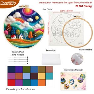 TEMU 울 장미 니들 펠트 키트 | 나무 집 세트, 프레임, 니들, 폼 패드, 펠트, 초보자용 설명서 포함, 20x20cm/7.87x7.87inch, 멀티컬러 풍경, RUOPOTY