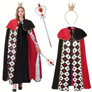 TEMU 여성용 크라운과 지팡이가 있는 퀸 코스튬 - 할로윈, 크리스마스, 코스프레, 무대 공연 및 세계 배정 데이를 위한 블랙 & 레드 폴리에스터 화려한 드레스, 할로윈 의상 | 왕실 외모 | 폴리에스터 코스튬