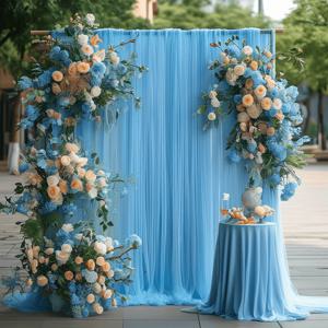 TEMU 2개, 블루 로드 포켓 메쉬 배경막 투명 커튼 포함, 상단 로드 포켓 디자인, 웨딩 배경, 생일 파티 장식, 휴가 행사, 야외 포토 부스 벽, 이벤트 데코, 제품 출시 행사, 웰컴 사인 디스플레이 등에 완벽한 사이즈: 158x300cm