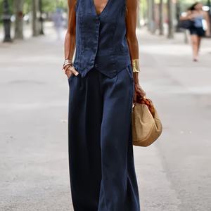 TEMU 여성용 여름 신상 캐주얼 민소매 V넥 베스트 & 롱팬츠 2피스 세트