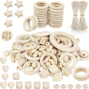 TEMU 164개 나무 비즈 마크라메 세트, DIY 나무 반지 공예용, 구멍이 있는 나무 공이 포함된 138개 자연 나무 비즈, 24개 나무 반지 마크라메 액세서리