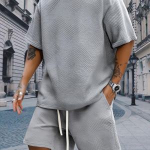 TEMU 남성용 캐주얼 애슬레틱 세트, 통기성과 편안함, 여름 의상에 필수적인 텍스처 반팔 티셔츠와 쇼츠로 스타일과 편안함을 드러내며