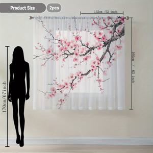 TEMU 2pcs 우아한 핑크와 화이트 꽃무늬 투명 커튼, 스타일 폴리에스터 바구니 포켓 드레스, 거실, 주방, 카페, 침실용 - 기계 세탁 가능, 투명 투명도, 직물, 거실용 커튼