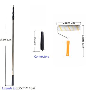 TEMU 스테인리스 스틸 연장 폴대가 있는 페인트 롤러 세트, 95cm/37인치에서 300cm/118인치까지 조절 가능한 핸들, 9인치 폭 프레임 롤러 브러시, 벽, 천장, 바닥 및 가정용 외부 벽 페인팅에 적합.