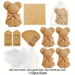 TEMU 15개 세트 (수건 5개, 오간자 가방 5개, 감사 카드 포함) - 매력적인 곰돌이 수건 선물 세트 - 결혼식, 생일, 데이, 어버이날, 크리스마스 선물로 완벽 (크리스마스, 새해, , 파티 행사용)