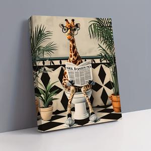 TEMU 1개 기발한 기린 화장실에서 신문 읽는 캔버스 벽 예술 - 현대적인 유머러스 욕실 장식, 거실/침실/사무실을 위한 동물 아트, 액자 포장된 수직 초상화, 걸기 준비 완료 독특한 선물 아이디어, 기린 데코, 기숙사 방 예술