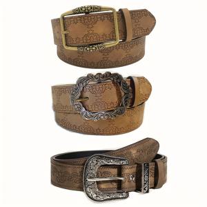 TEMU 3pcs 레트로 Y2K PU 가죽 벨트 - 여성용 빈티지 디스트레스드 허리띠, 장식 액센트 포함, 플러스 사이즈 여성 벨트