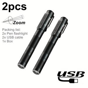 TEMU 2pcs/Zoom 충전식 USB 손전등, 알루미늄 줌 가능한 컴팩트 하이-루멘 LED 펜 라이트, 타입-C 고속 충전, EDC 휴대용 클립 토치, 야외 하이킹 및 캠핑 가정용, 비상 조명 및 선물 펜 라이트