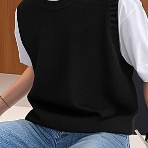 TEMU 1개 틸리시아 남성 캐주얼 민소매 니트 조끼 - 라운드넥 솔리드 블랙, 레귤러 핏, 손세탁 가능, 편안한 소재로 활용 가능한 캐주얼 레이어링 아이템