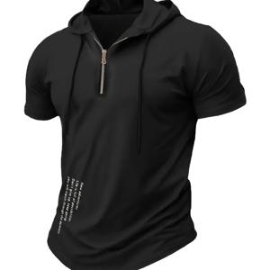 TEMU 남성 해군 파란색 후드 지퍼 업 티셔츠, 영감을 주는 문구 - 캐주얼 반팔, 가벼운 여름 티, 스트레치되지 않는 원단, 정상적인 핏, 일상 티셔츠 | 모티베이션 프린트 | 지퍼 후드