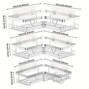 TEMU 비구멍 스테인리스 스틸 코너 샤워 랙 3개 세트, 비누 거치대 및 수납 공간 포함, 녹 방지 및 내구성, 샴푸, 컨디셔너, 샤워 젤, 샤워 볼 및 면도기 보관에 적합, 홈 정리 및 수납용