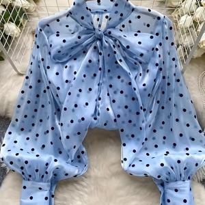 TEMU 여성용 우아한 레트로 물방울 무늬 블라우스 - 퍼프 소매 & 리본 장식의 반투명 버튼 프론트 셔츠, 캐주얼 & 포멀 의상 모두 가능한 올 시즌 레이어링 탑 - 여성, 여성 블라우스, 포멀 복장, 패션 애호가