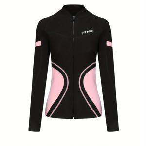 TEMU 여성용 웨트슈트 탑, 2mm 네오프렌 재킷 전면 지퍼 긴팔, 수상 스포츠 서핑 수영용, 중간 신축성 두께 보온, 핑크 + 블랙 아우터 레이어