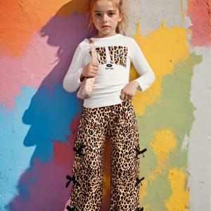 TEMU 소녀용 드레스 세트 2pcs - 리본 & A-Z 프린트 티셔츠 & 긴 바지, 긴팔 라운드넥 블라우스, 세탁기 사용 가능, 봄/가을 아동복, 소녀 & 어린 소녀용 2pcs 매칭 세트, 야외 활동에 완벽