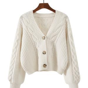TEMU 여성용 우아한 V넥 케이블 가디건 - 여유로운 핏, 반팔, 긴팔 스웨터, 가을과 겨울을 위한 버튼 플랙, 가을 겨울 의류 | 가디건 | 케이블 패턴|반팔니트