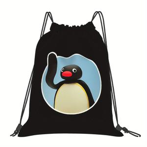 TEMU ZLIENSZUS Pingu 드로스트링 백팩 - 귀여운 만화 펭귄 디자인, 블루 & 화이트 액센트가 있는 블랙, 기계 세척 가능, 빠른 외출 및 일상적인 사용에 완벽한 학교용 백팩, 캐주얼 데이팩, 재미있는 디자인, 안전한 지퍼 클로저