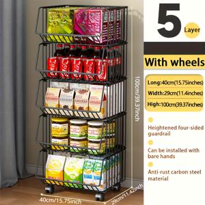 TEMU 5단 스택 가능 이동식 캐리어 - 주방, 욕실, 세탁실 및 거실용 헤비듀티 금속 정리대 - 블랙 다목적 카트, 쉬운 조립, 다양한 선반 디자인, 견고한 보관 솔루션, 공간 절약형, 내구성 강화, 바쁜 가정용 멀티툴러티 랙