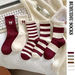 TEMU 혼합 5 쌍, 안콜레 레드 필 스타킹, 보우넛 미드 튜브 스타킹, 새해 분위기, 가을과 겨울 따뜻한 패션 여성 스타일