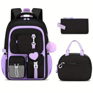 TEMU 3pcs 하트 모양의 캐주얼 백팩 핸드백 세트, 패션 블랙과 보라색 백팩, 15.6인치 노트북 백팩, 대용량 다중 컴파트먼트, 해변 야외 캠핑 여행 가방, 트롤리 슬리브, 캠퍼스 스토리지 여행 가방|노트북파우치