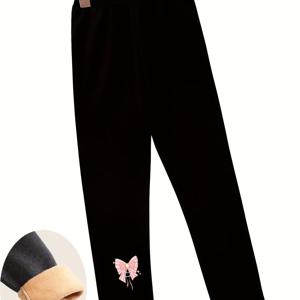 TEMU 소녀용 플리스 안감 보온 속옷 바지, 두꺼운 신축성 트라우저 - 실내외 착용 가능, 키 큰 아이에게는 사이즈 업 추천, 레이어링 필수품, 추위 방한복, 캐주얼 키즈 팬츠, 나비 디자인, 핸드워시 가능한 스트레치 소재, 어린이 베이스웨어, 유아~초등학생용