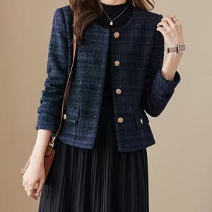 TEMU 우아한 파란색 여성용 반지갑 - 캐주얼한 시크한 라운드 넥, 긴 소매, 가슴 포켓이 있는 버튼업, 폴리에스터, 봄/가을에 완벽한 한국 스타일의 두꺼운 아우터웨어