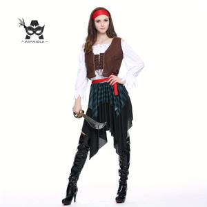 TEMU 5pcs 여성 카리비안 해적 의상 세트는 조끼 + 헤드밴드 + 벨트 + 스커트 + 화이트 탑을 포함합니다. 할로윈 해적 스타일, 역할 놀이, 파티, 카리비안 해적, 카니발, 카니발 클래식 스타일, 할로윈 여성 의상에 완벽합니다.