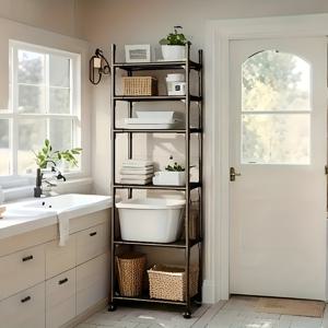 TEMU 6단계 강력한 스틸 프레임 조절 가능한 스토리지 선반 조직자 - 공간 절약형 주방 냉장고 차고 조직, 도구 없이 조립, 어머니의 날 선물 아이디어, 다용도 선반 단위, 현대적인 미적 감각, 바퀴 기능, 선반