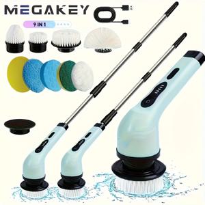 TEMU 메가키 전동 스피너 스커버, 3단계 속도 조절 가능 - 타일, 욕조, 싱크대, 벽면 및 화장실 청소용 무선 회전 브러시 (교체 가능한 헤드 3/9/6개 포함), USB-C 충전 케이블