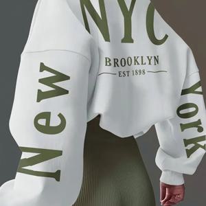 TEMU 여성 뉴욕을 영감으로 한 스웨트셔츠 - 따뜻한 크루넥 풀오버, 강렬한 문자 인쇄, 긴 소매, 리브드 커프 - 가을/겨울 캐주얼 웨어, 가을/겨울 의류에 적합 | 강렬한 문자 인쇄 탑 | 편안한 핏